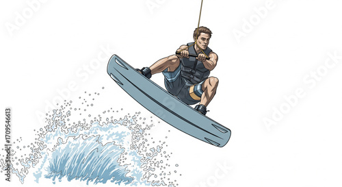 A man in mid-air, wakeboarding, pulled by a rope, over a wave.