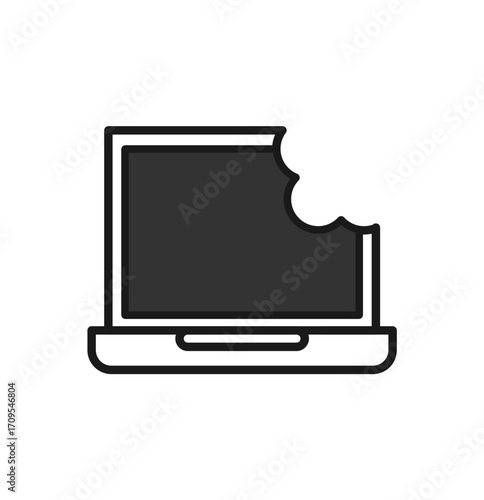 Graphic symbol of a laptop screen with a bite mark, representing digital consumption, data vulnerability, and technology concerns