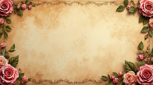 Vintage Floral Border Frame with Pink Roses and Green Leaves on Beige Background