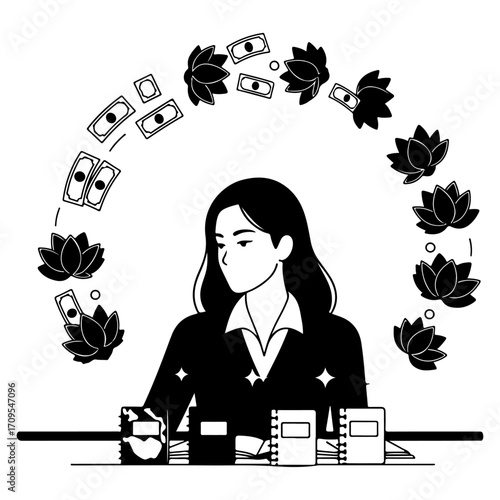 Business and Wellness Illustration, Financial Growth and Mindfulness Vector, Career Success and Personal Harmony Icon, business articles, financial blogs, and wellness-related content.