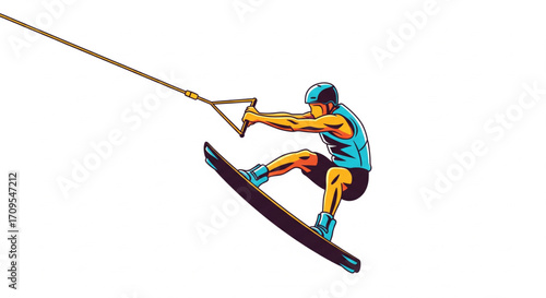 A stylized illustration of a wakeboarder performing a trick.