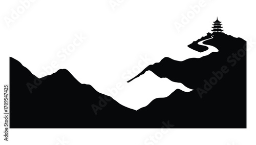 Serene mountain landscape silhouette with a winding path leading to a traditional Asian pagoda on the summit