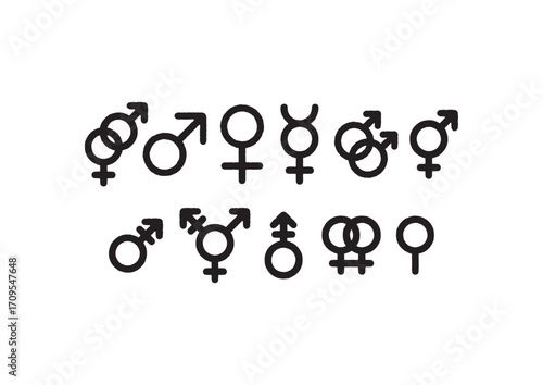 Variety of gender and identity symbols, encompassing male, female, and non-binary representations, signifying diversity, inclusion, and a spectrum of human sexuality