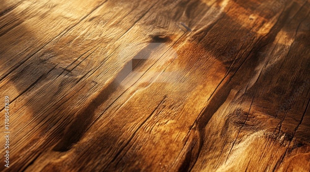 Naklejka premium Close-up of weathered wooden planks, sunlit
