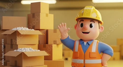 Cheerful cartoon construction worker waving hello in a warehouse with boxes male
