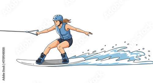 Woman wakeboarding on water, wearing a helmet and life vest, holding onto a tow rope.