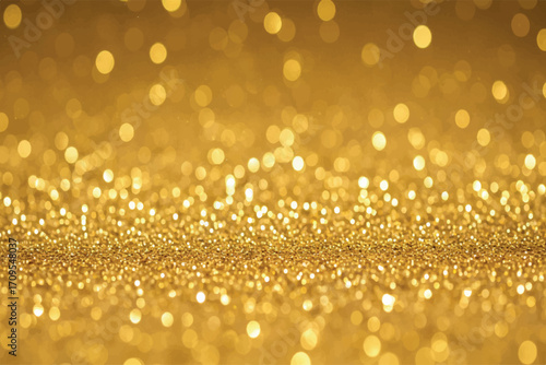 Soft focus background of golden glitter with bokeh lights, creating a warm, luxurious, and celebratory atmosphere