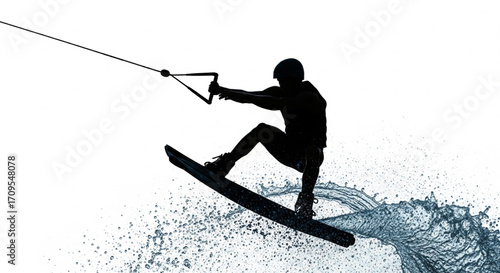 Silhouette of a wakeboarder performing a trick on a wakeboard, water splashes around.