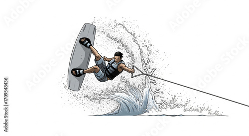 An illustration depicts a wakeboarder performing a trick, airborne above the water.