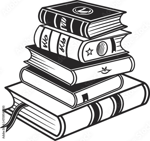 Stack of five black and white books with decorative elements