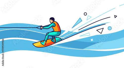 A stylized illustration of a wakeboarder performing a trick on wavy water.
