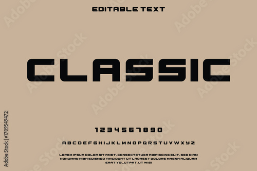 Bold classic font with editable text and alphabet sample