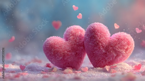 Soft Pink Hearts Surrounded by Floating Love Elements and Sparkles