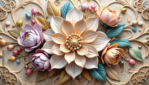 Exquisite 3D Floral Ornament Luxurious Pastel Bloom Design with Vintage Style Background.