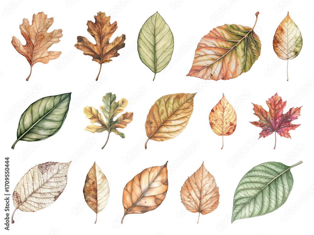 Fototapeta premium Illustrated autumn leaves collection.
