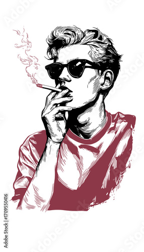 Stylish young man with sunglasses and cigarette exhaling smoke, evoking retro cool and rebellion.