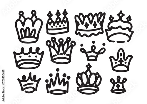 Hand-drawn set of various crown icons. Simple black line art sketch of royalty symbols like king, queen, and princess tiaras
