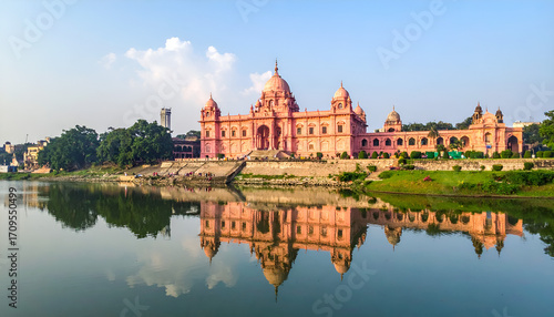 Magnificent pink palace with domes reflected in a calm lake under a blue sky, Ahsan Manzil