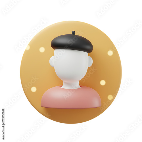 3D rendering of a faceless avatar wearing a beret against a yellow dotted background