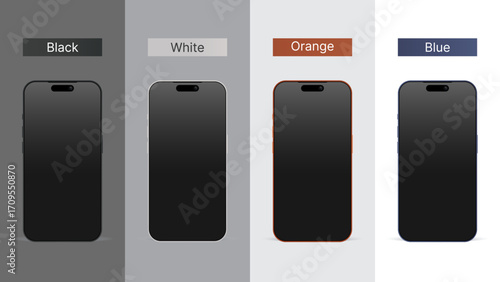 Realistic Smartphone Mockup Set – 3D Mobile Phone Front View with Shadow, High Quality Vector Device for UI UX Presentation, Black, White, Orange, Blue Frame Smartphone. Vector.