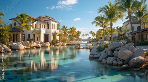 A beachfront resort with beautiful architecture, trees and sea water nearby.