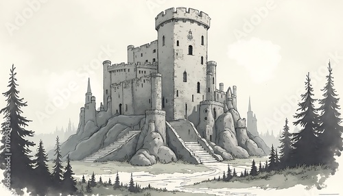 Medieval Castle on Rocky Hill with Evergreen Trees in Black and White Watercolor Style