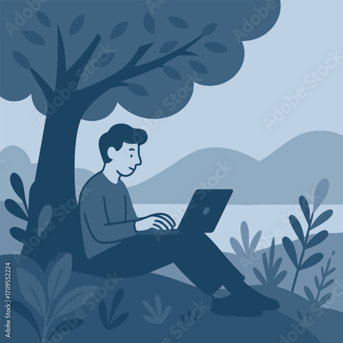Man Working on Laptop Outdoors Under Tree Nature Remote Work Vector Illustration