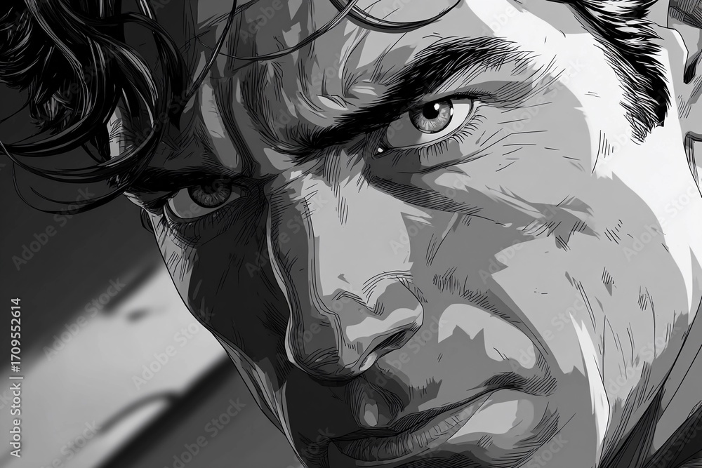 Fototapeta premium Dynamic Close-Up of a Hero Captured in Striking Monochrome Shadows and Highlights Generative AI