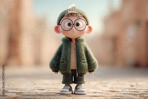 Charming Chibi Character Exploring an Enchanting Cobblestone Street in the Sun Generative AI