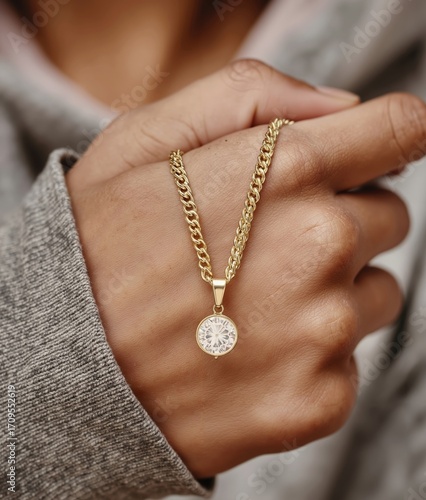 A woman wearing a gold necklace with a diamond pendant on her hand