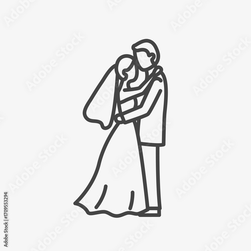 Man and woman newlyweds in an embrace. Romantic couple love icon. Valentine’s day, wedding, and marriage concept. A symbol vector illustration.

