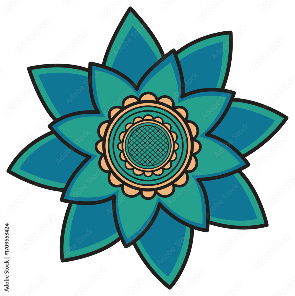 Naklejka premium Stylized Teal Sunflower Mandala with Patterned Center
