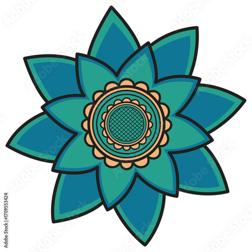 Stylized Teal Sunflower Mandala with Patterned Center