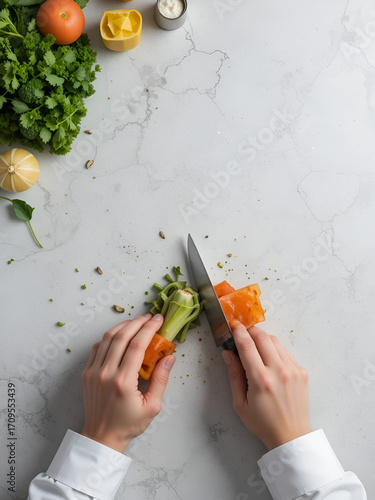 Top-down view of chef hands slicing vegetables, food prep and skill, space for campaign copy