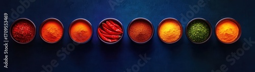 A colorful array of spices in bowls, showcasing vibrant hues of red, orange, and green against a dark background.