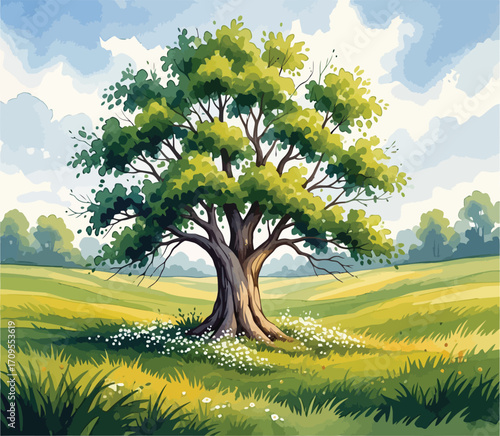 Watercolor Oak Tree Painting - Majestic Tree in a Field