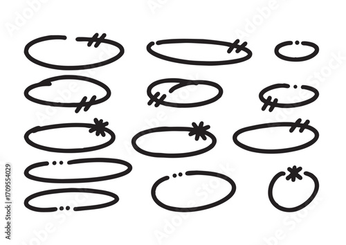 Collection of hand-drawn oval shapes with punctuation marks and asterisks for highlighting and emphasis on a white background