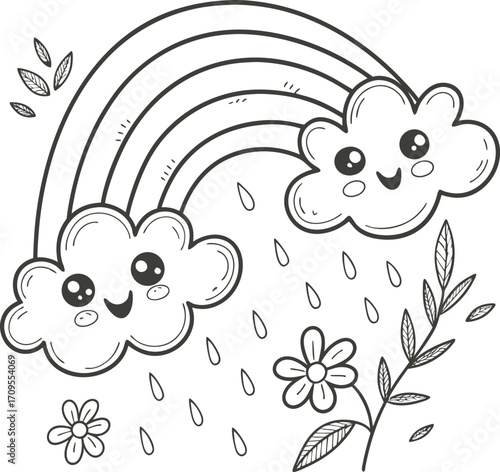 Hand Drown whimsical Vector illustration Silhouette. floral background with flowers.