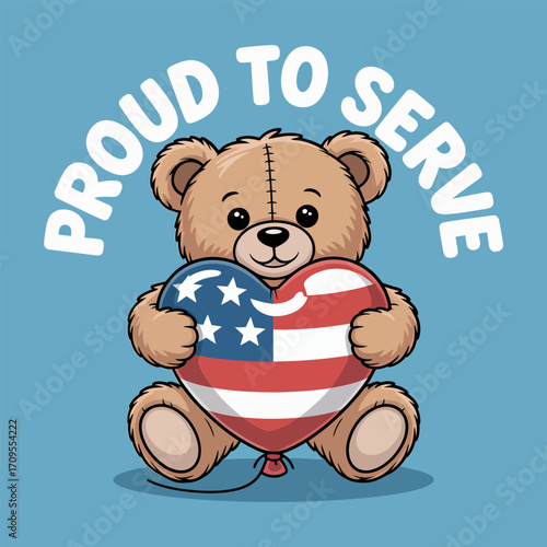 Proud to serve bear vector illustration, patriotic cartoon design, independence celebration art, festive holiday graphics, liberty themed elements