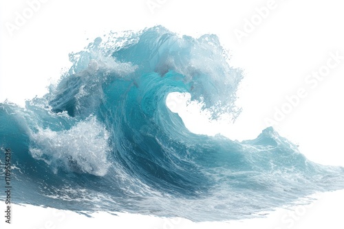Powerful turquoise wave cresting against a white background