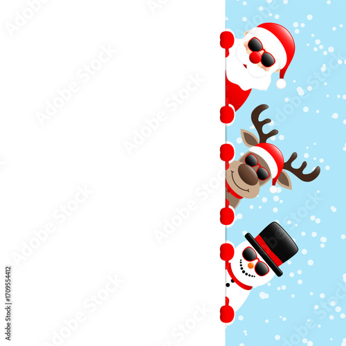 Weihnachtsmann Rentier Und Schneemann Sonnenbrille Übereinander Banner Rechts Außen Schnee Blau
