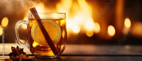 A warm glass of spiced tea with lemon, cinnamon, and star anise, against a cozy fire backdrop, creating a comforting and inviting atmosphere.