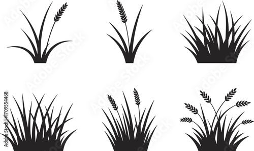 Black grass and wheat silhouettes, vector plant icons, botanical clipart set, farm crop design, nature outline art, agricultural illustration pack, rural field graphic collection