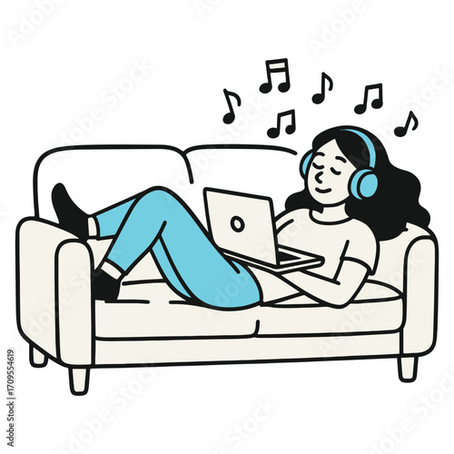 Woman Relaxing on Sofa with Laptop and Headphones Listening to Music Vector Illustration