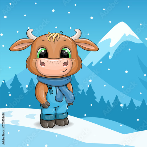 Cute cartoon Bukk with blue scarf in winter. Vector Illustration landscape with animal, snowy mountains and falling snow.