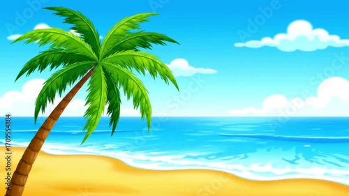 Cartoon Tropical Beach Animation with Palm Tree and Ocean Waves – Seamless Summer Background