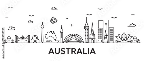 Australia Line Art skyline. Travel Australia famous landmarks. Business and tourism concept for presentation, banner, web site. with white background