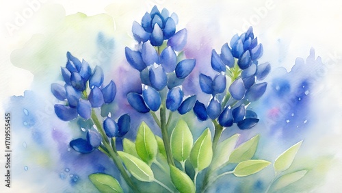 Watercolor painting of bluebonnet flowers in bloom