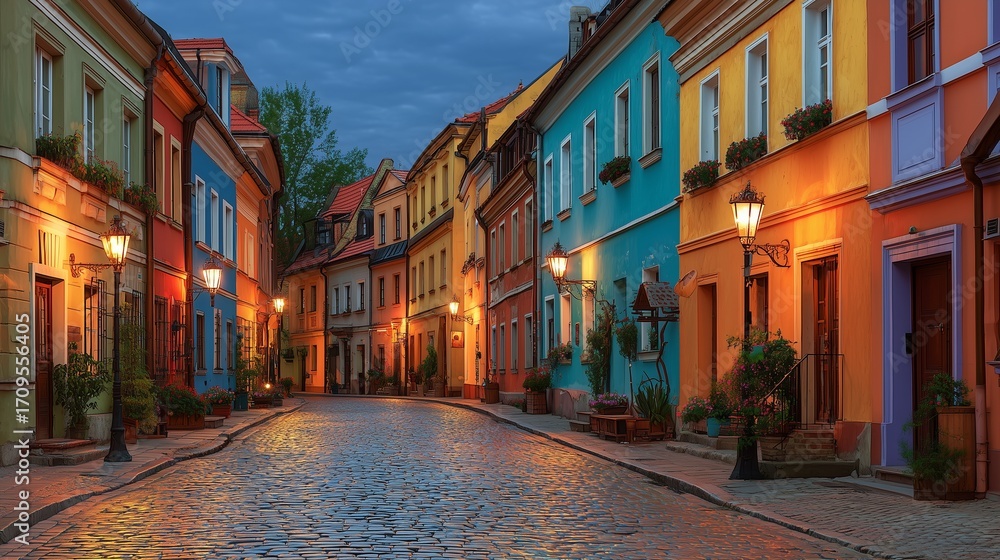 Obraz premium Charming European townhouses with colorful facades and cobblestone streets, romantic evening lighting 