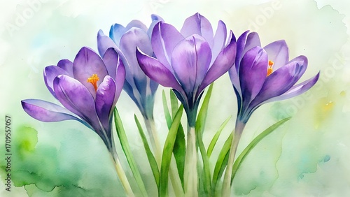 Watercolor painting of purple crocus flowers in bloom